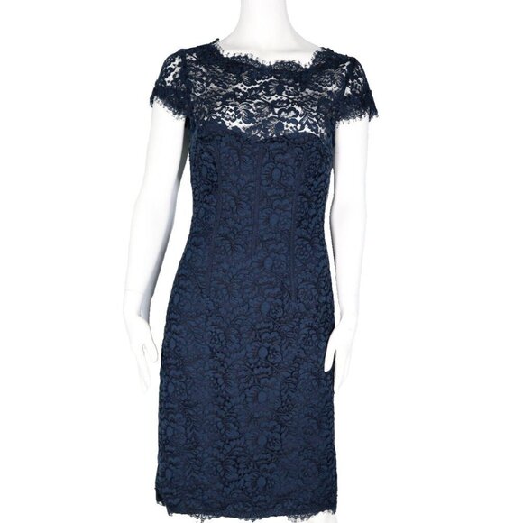 Monique Lhuillier ML Women Size US6 Small Navy Blue Short Knee Length Lace Dress - Picture 1 of 10